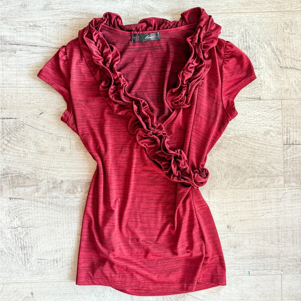 Y2K Heart Soul Ruffled V-Neck Red Top